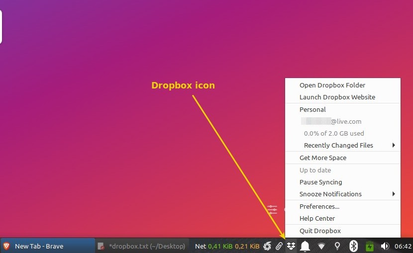 Dropbox linux icon on the main panel and menu